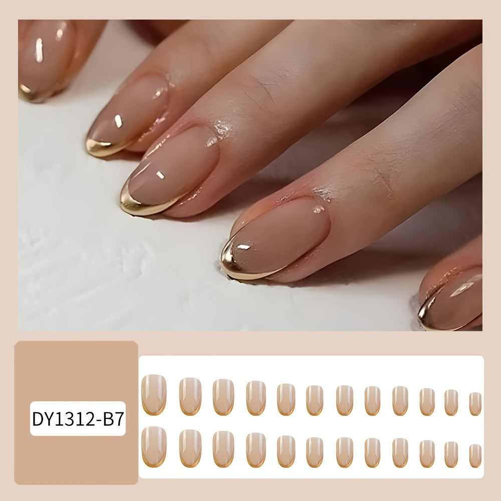 24pcs Set Glossy Pink & Golden French Tip Press-On Nails F636