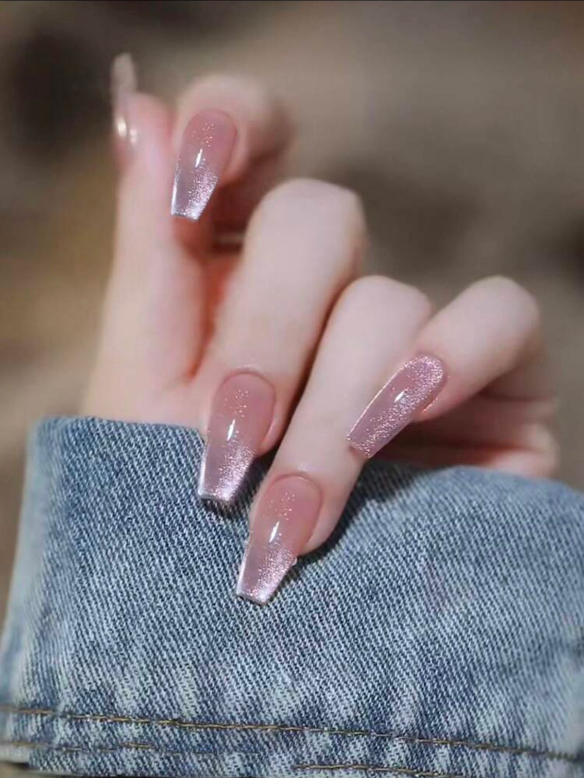 Premium Long coffin-shaped light pink cat eyes press on nails F663