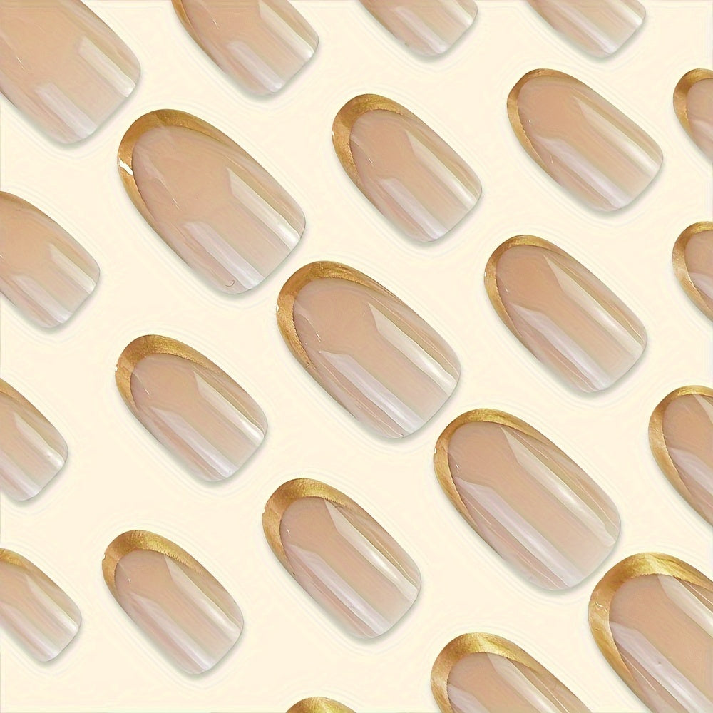 24pcs Set Glossy Pink & Golden French Tip Press-On Nails F636