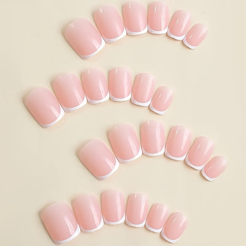 24pcs Set Glossy Pink & White French Tip Press-On Nails -F635
