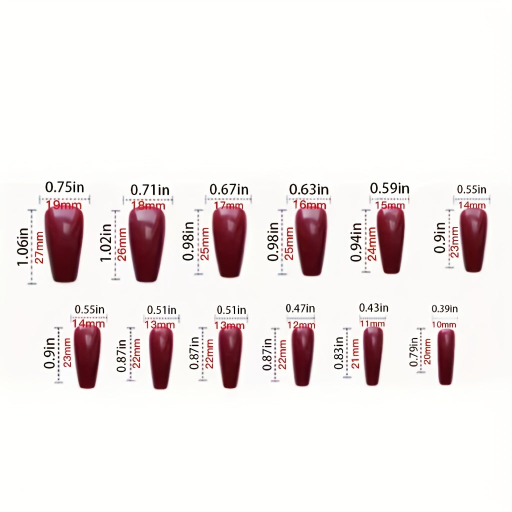 24 pcs Long Burgundy Glossy Press On Nails F601