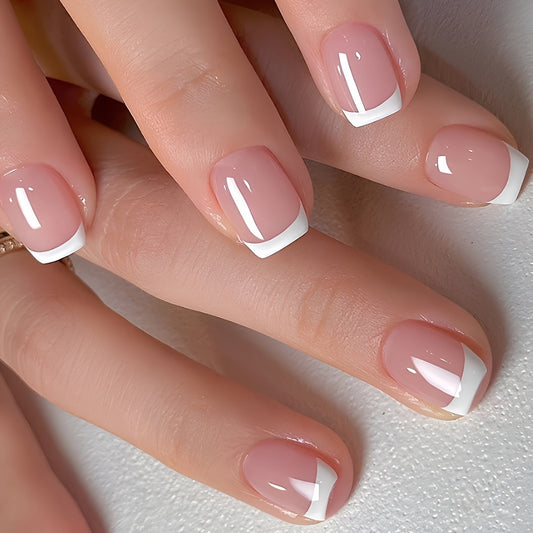 24pcs Set Glossy Pink & White French Tip Press-On Nails -F635