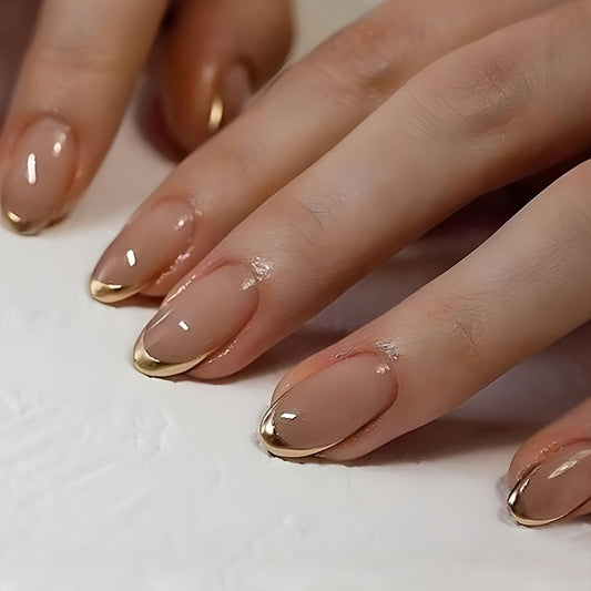 24pcs Set Glossy Pink & Golden French Tip Press-On Nails F636