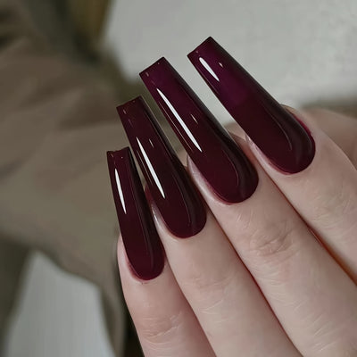 24 pcs Long Burgundy Glossy Press On Nails F601