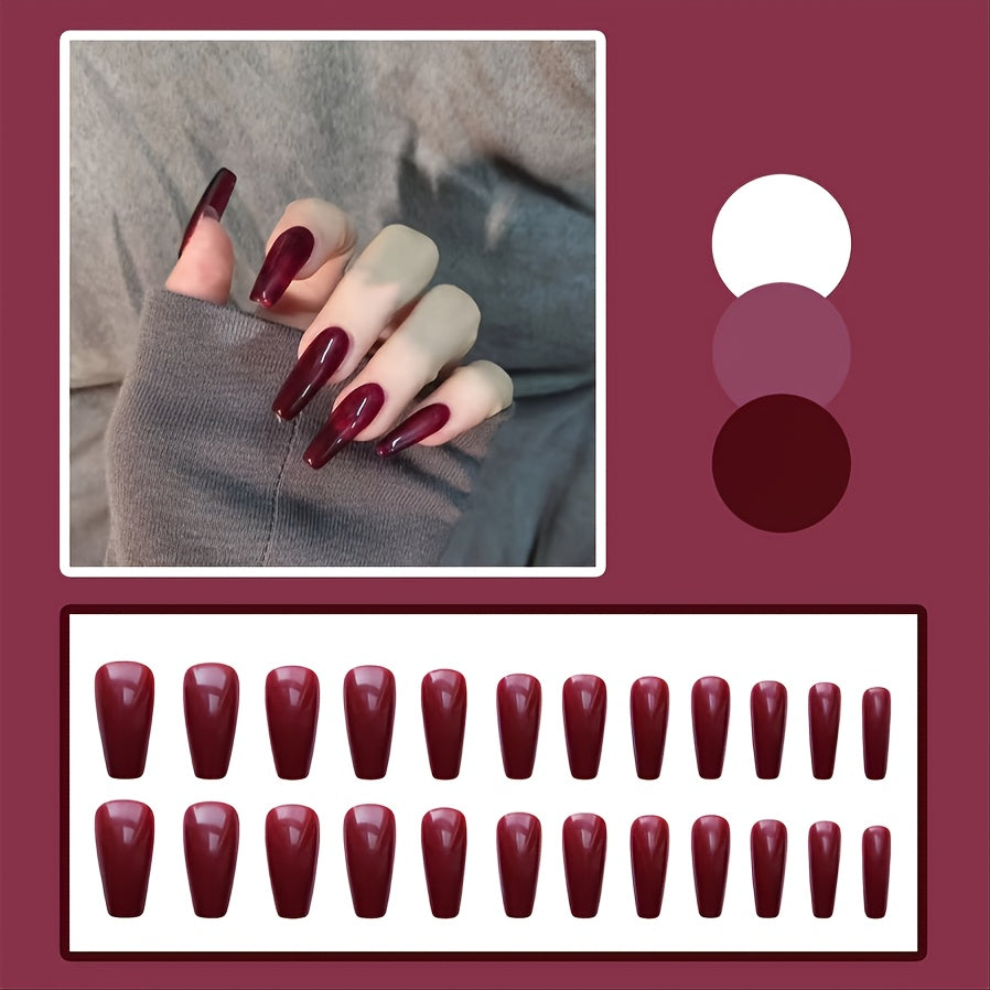 24 pcs Long Burgundy Glossy Press On Nails F601