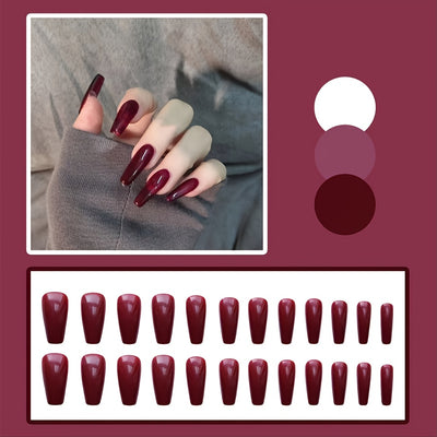 24 pcs Long Burgundy Glossy Press On Nails F601