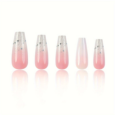 24pcs Set of Glossy Pink & White Gradient Press-On Nails F636