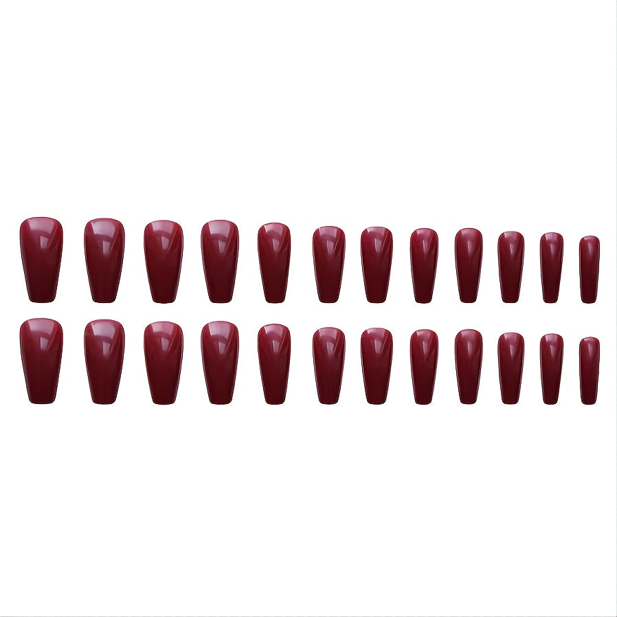 24 pcs Long Burgundy Glossy Press On Nails F601