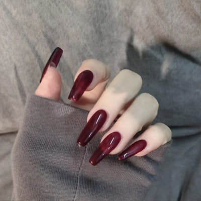 24 pcs Long Burgundy Glossy Press On Nails F601