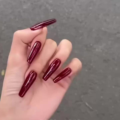 24 pcs Long Burgundy Glossy Press On Nails F601