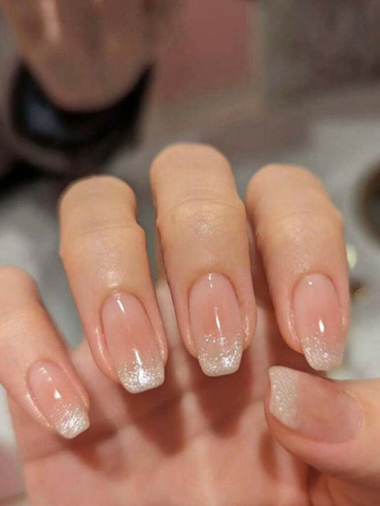 Medium Length Coffin Shaped Silver Glitter Press on Nails F661