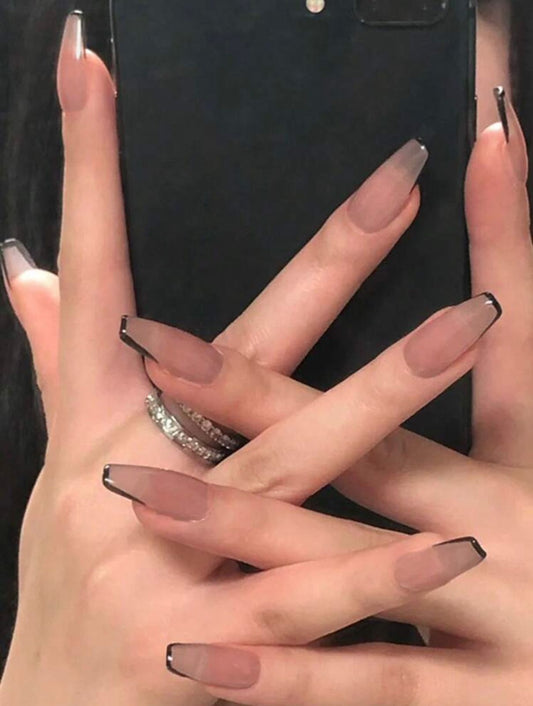 Chic French Long Coffin Ombre Black Tip Press on Nails F655