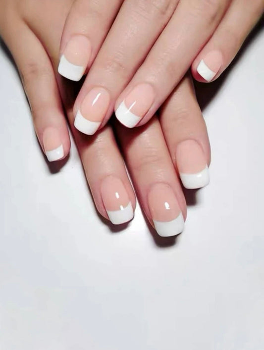 Short Square White French Glossy Two Tone Nail