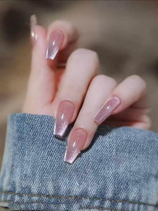 Premium Long coffin-shaped light pink cat eyes press on nails F663