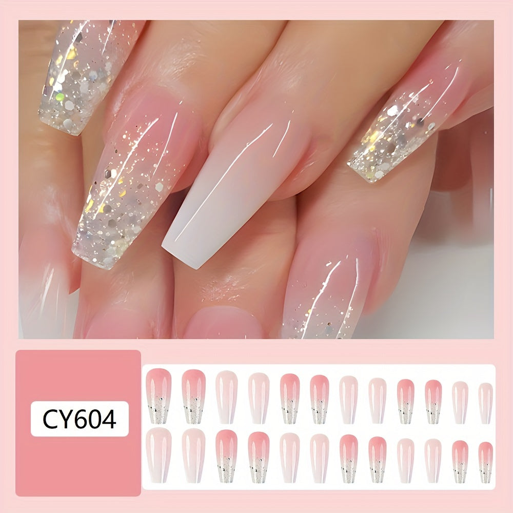 24pcs Set of Glossy Pink & White Gradient Press-On Nails F636