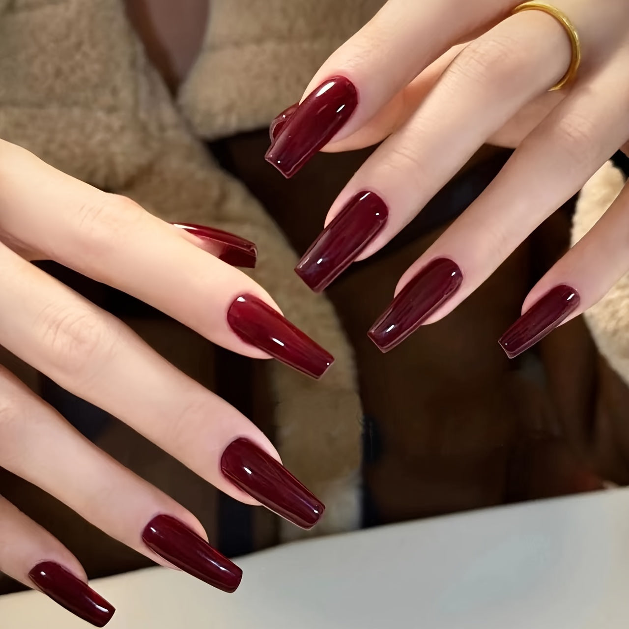 24 pcs Long Burgundy Glossy Press On Nails F601